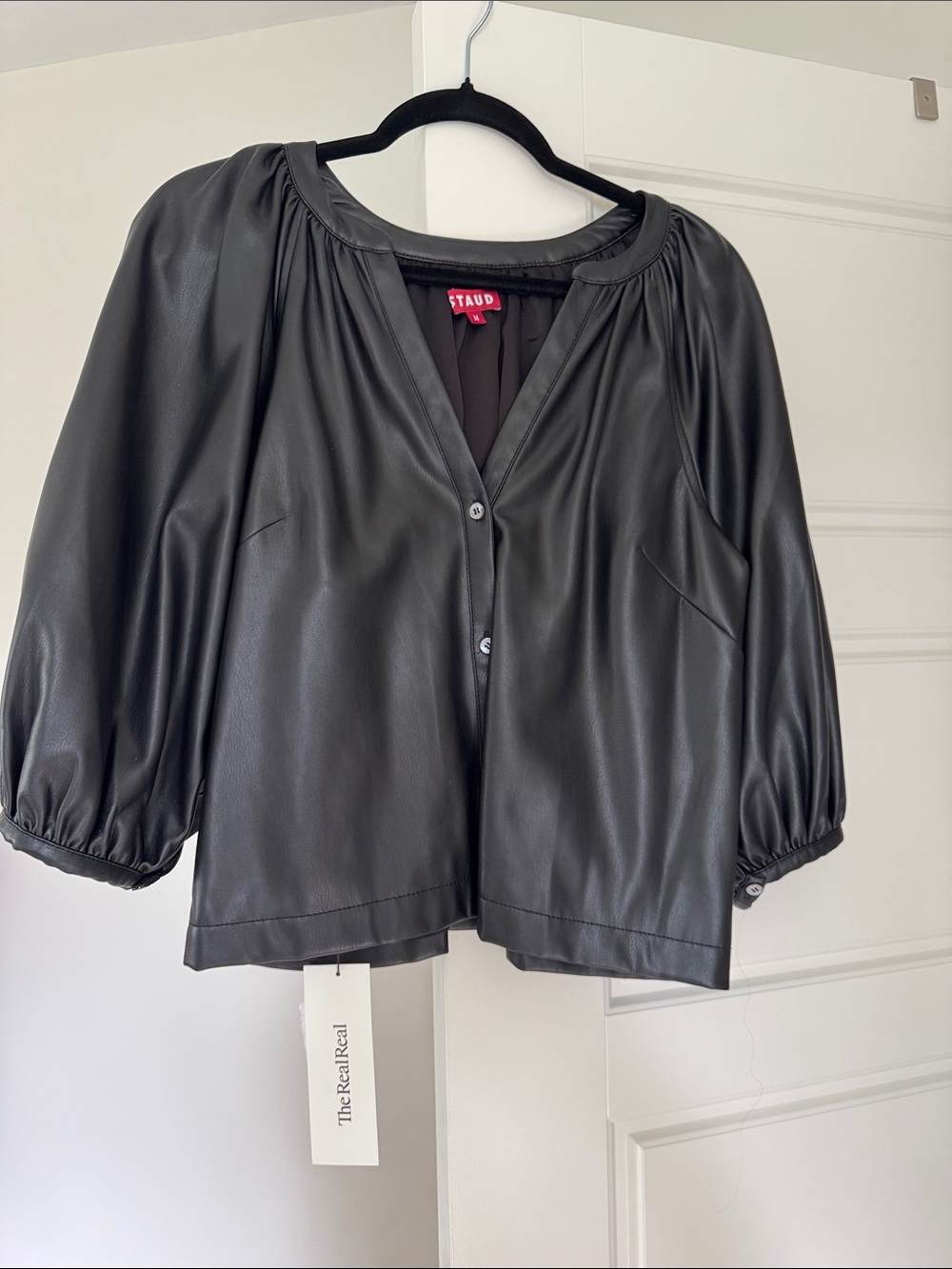 STAUD Black Faux Leather Puff-Sleeve Button Front Blouse